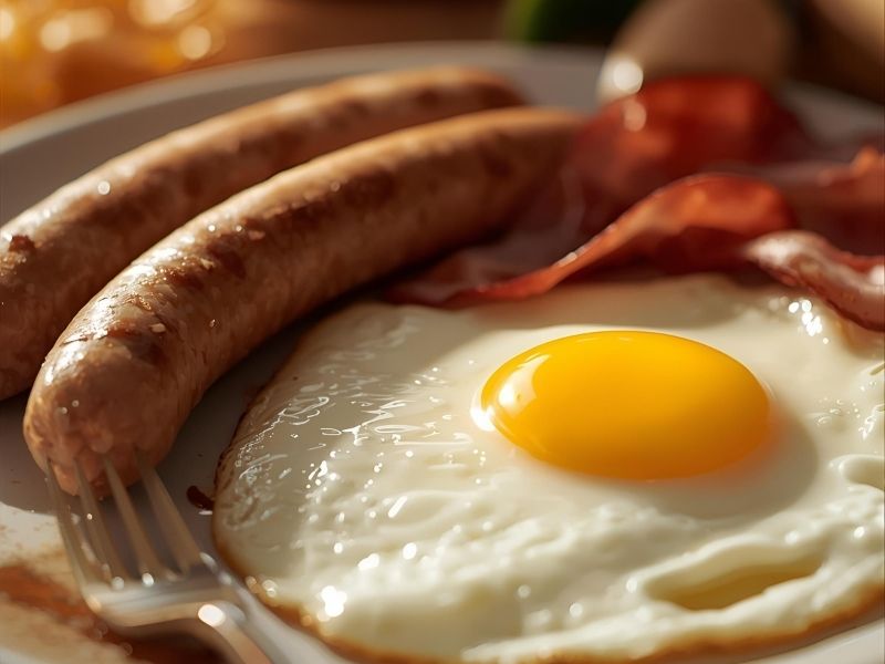 ソーセージとベーコンと目玉焼きの画像